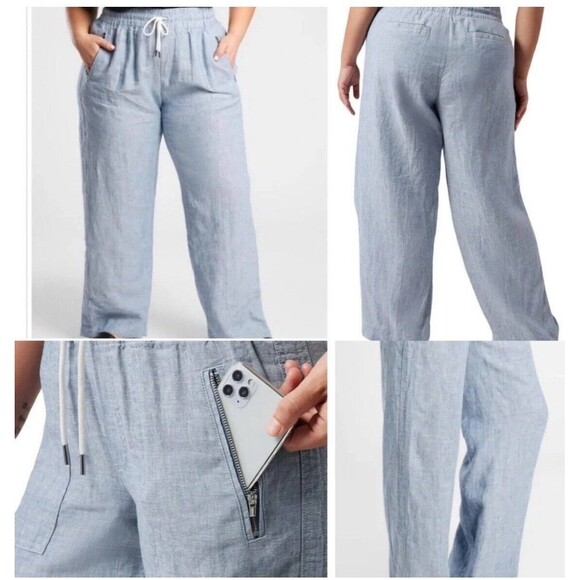 Athleta Pants Women's 20 Blue Cabo 100% Linen Wide Leg Chambray - Picture 1 of 6